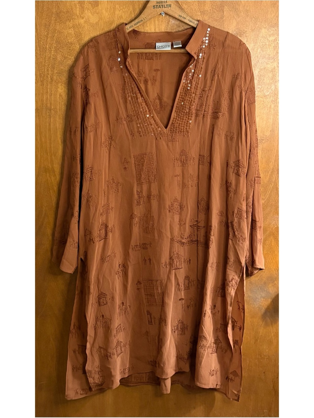 Chico's Brown Orange 100% Silk Tunic Blouse Top Embroidered Boho Beaded Nautical
